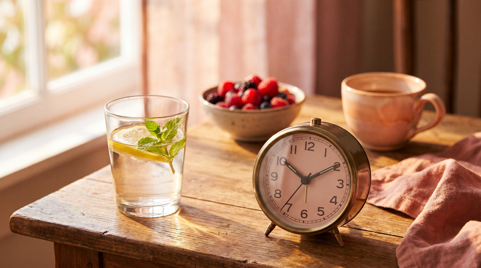 Lemon water, an analog clock and fresh berries in soft golden morning light