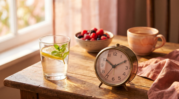 Lemon water, an analog clock and fresh berries in soft golden morning light
