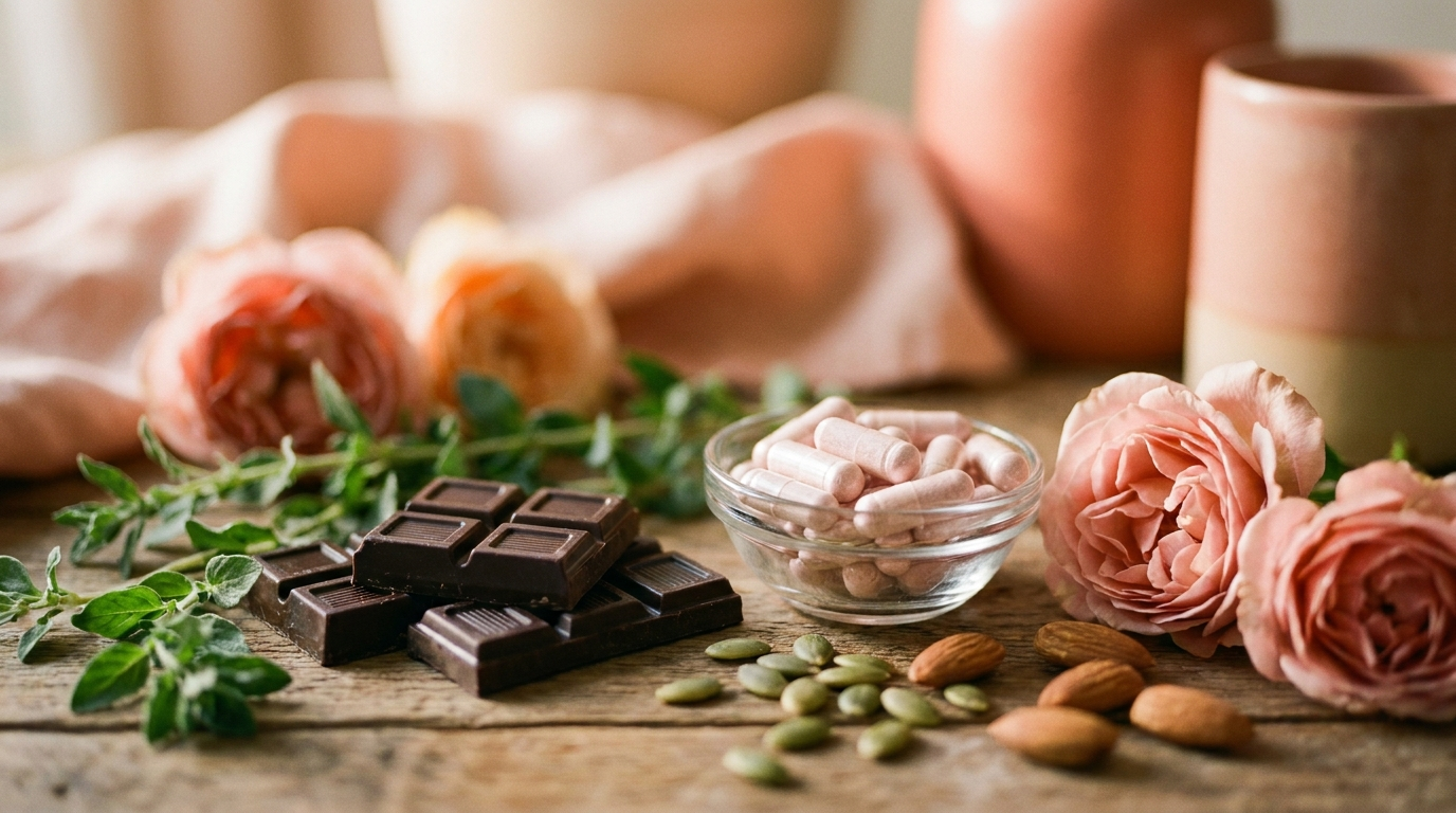 Magnesium-rich foods and magnesium capsules — pumpkin seeds, dark chocolate, almonds and leafy greens in soft natural light