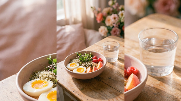 A balanced protein-forward breakfast bowl with eggs, greens, seeds and berries in soft morning light