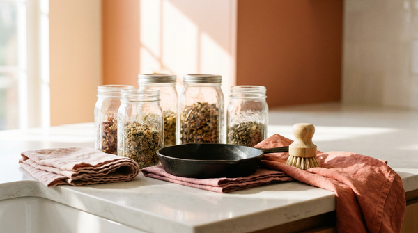 An arrangement of non-toxic home swaps - glass jars, a cast iron pan, a wooden brush and folded natural linen on a clean counter