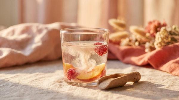 Collagen powder dissolving in a glass of water with fresh berries in soft morning light