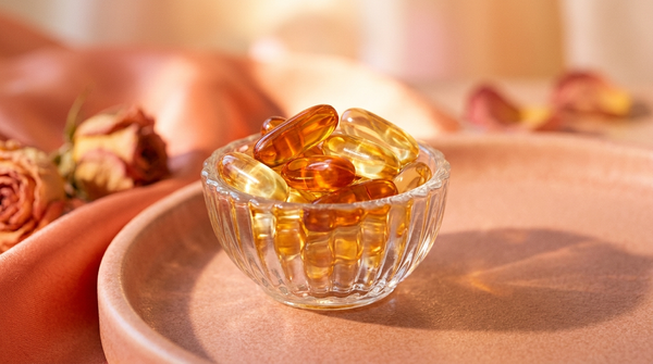 Glowing amber supplement softgel capsules in a small glass dish with warm backlight