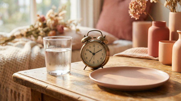 A minimalist still life of a glass of water, a small analog clock and an empty ceramic plate in soft light