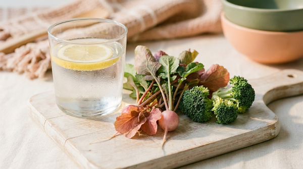 Fresh cruciferous vegetables, leafy greens and a glass of lemon water on a clean wooden board