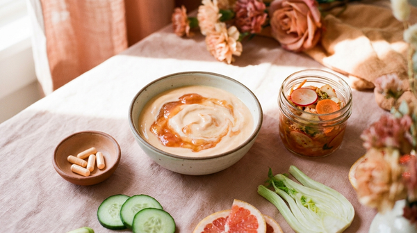 Gut-friendly foods - yogurt, sauerkraut and fresh vegetables with a small dish of probiotic capsules