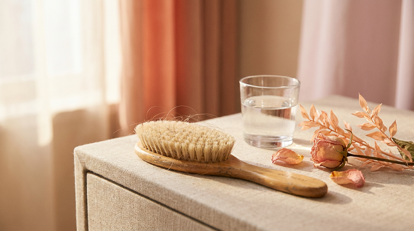 Soft natural wooden hairbrush with a few strands on a calm vanity beside a glass of water and botanicals