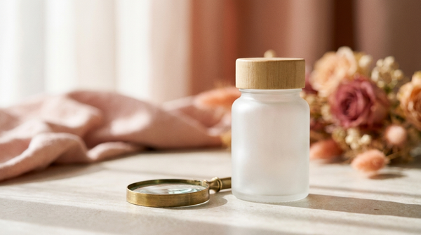 Premium unbranded frosted-glass supplement bottle beside a small magnifying glass on a bright stone surface