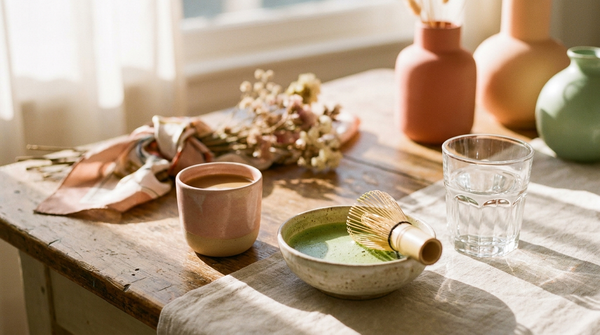 A calm still life of a small ceramic coffee cup, a bowl of green matcha and a glass of water on a sunlit table